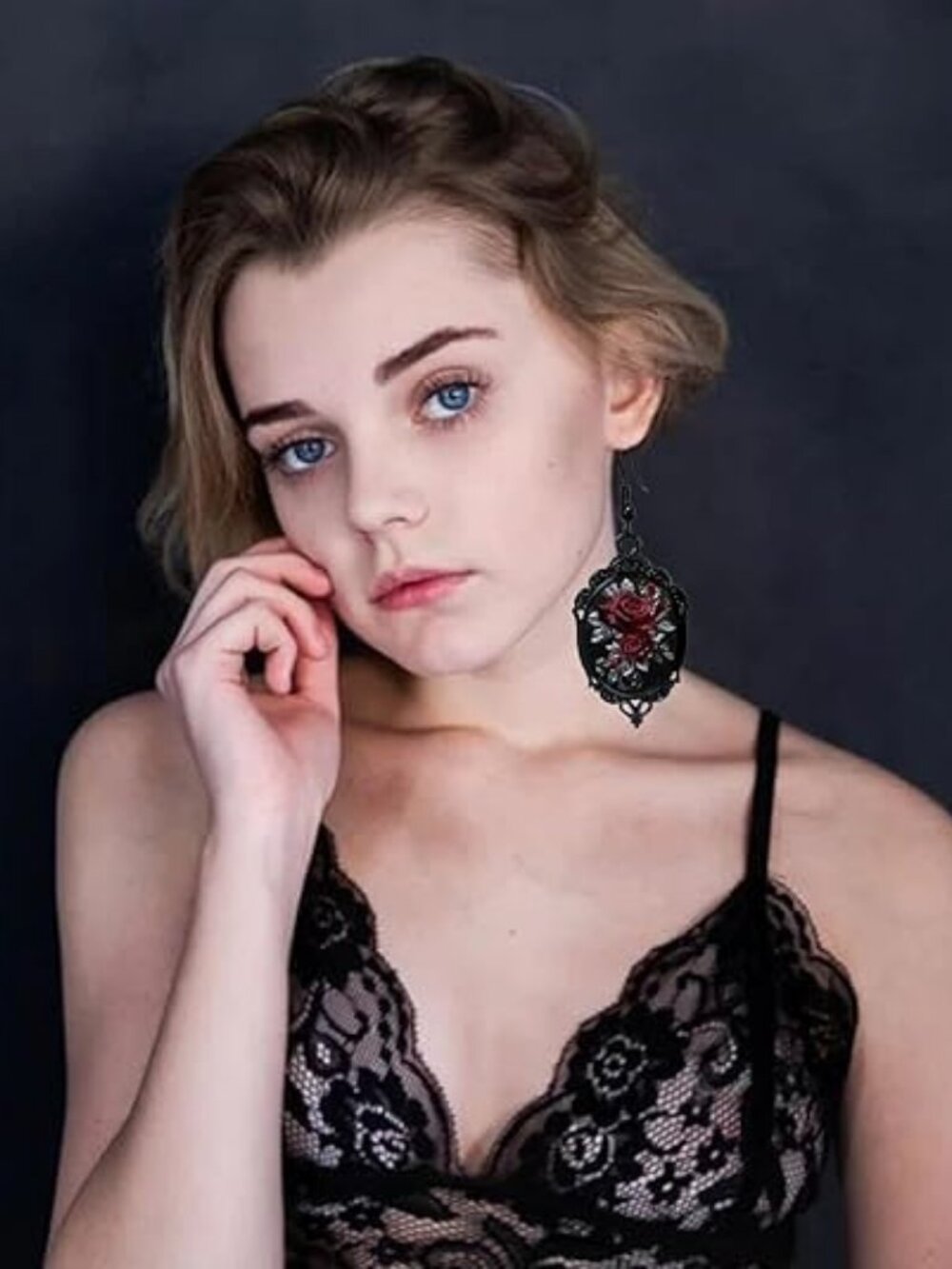 Women's Black Vintage Crystal Glass Flower Drop Dark Punk Style Rose Earring - Picture 3 of 5